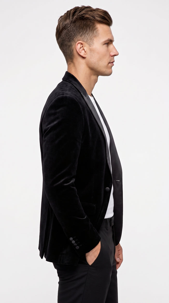 Men’s Black Big and Tall Velvet Blazer with Satin Lapel, Formal Sport Coat for Wedding and Prom