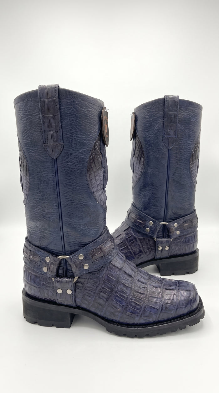 Men’s Los Altos Navy Blue Caiman Tail Skin Biker Boots – Exotic Leather Western Motorcycle Boots