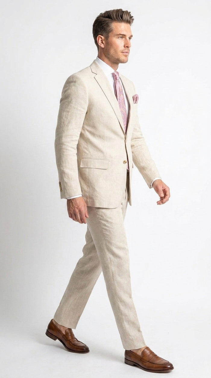 Men’s Natural Linen 2 Piece Suit, Two Button Regular Fit Summer Wedding Dress Suit
