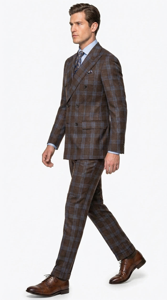 Statement Men’s Brown Plaid Double Breasted Suit, 2 Piece 100% Wool Modern Fit Dress Suit