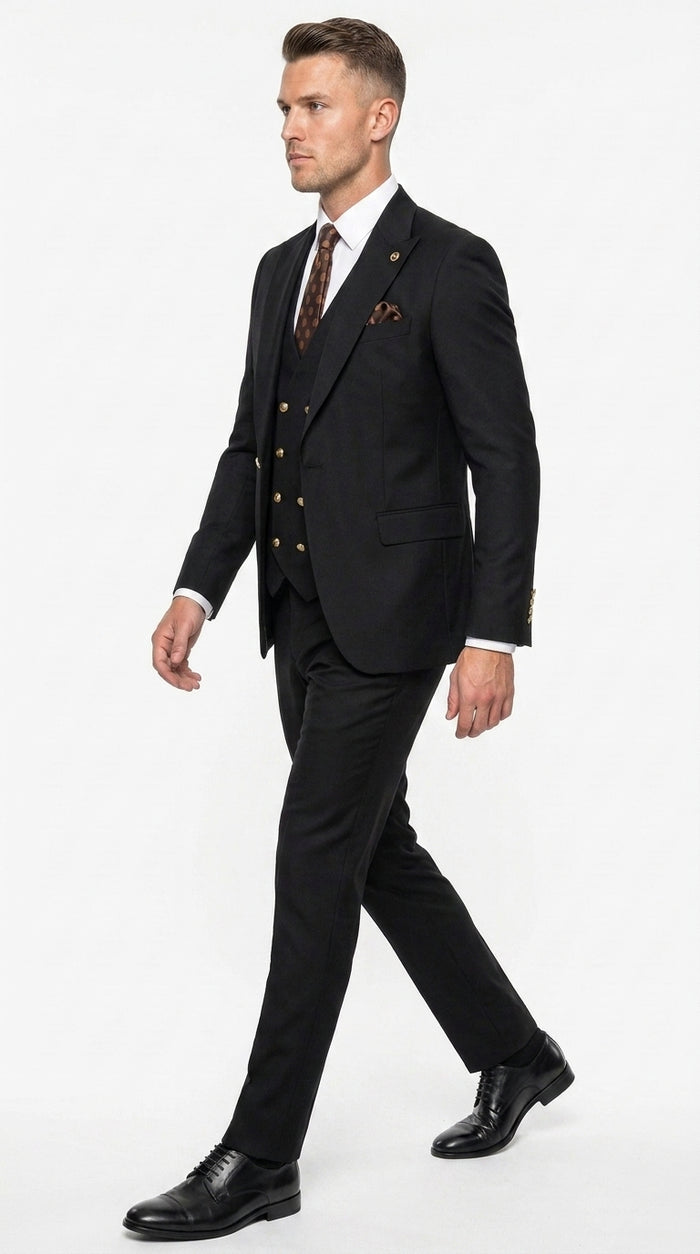 Men’s Black Wool Suit with Gold Buttons, One Button Formal Wedding Business Suit with Double Breasted Vest
