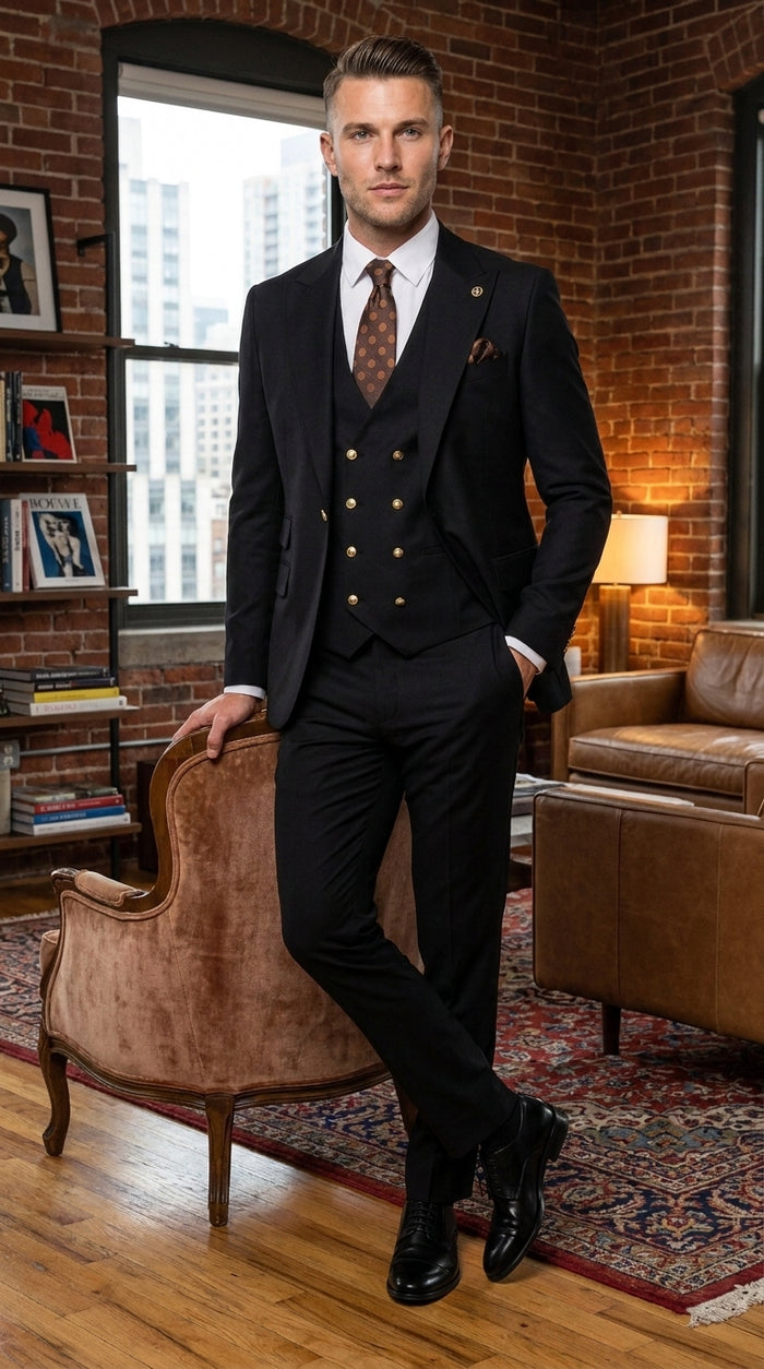 Men’s Black Wool Suit with Gold Buttons, One Button Formal Wedding Business Suit with Double Breasted Vest