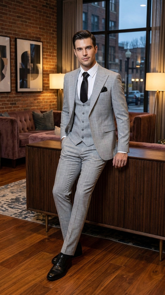Rossi Man TOM RM1851 Men’s Light Grey Windowpane 3 Piece Suit, Formal Wedding Prom Dress Suit