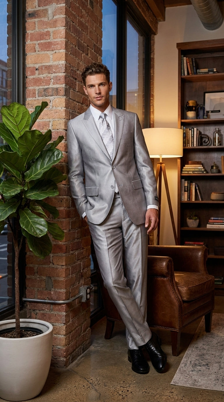Men’s Silver 2 Button Sharkskin Suit, Shiny Formal Wedding Prom Business Dress Suit