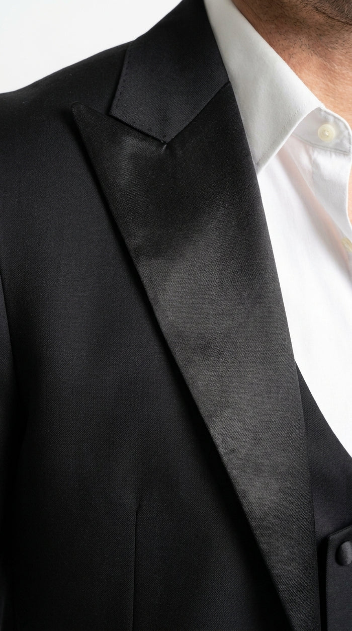 Men’s Black Western Tuxedo Suit with Satin Shawl Lapel, Double Breasted Vest Formal Cowboy Suit