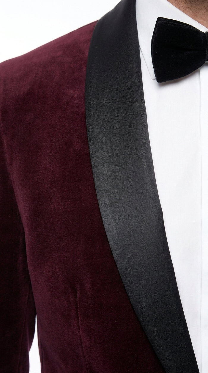 Men’s Maroon and Black Tuxedo Suit, 1 Button Burgundy Shawl Lapel Formal Wedding Prom Suit