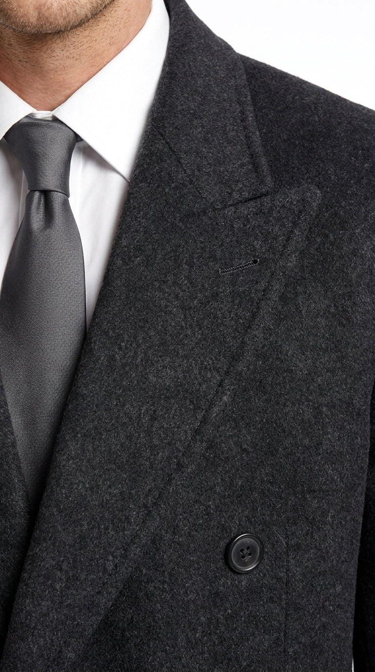 Alberto Nardoni Men’s Black Double Breasted Wool Blend Long Overcoat, Fully Lined Formal Dress Coat