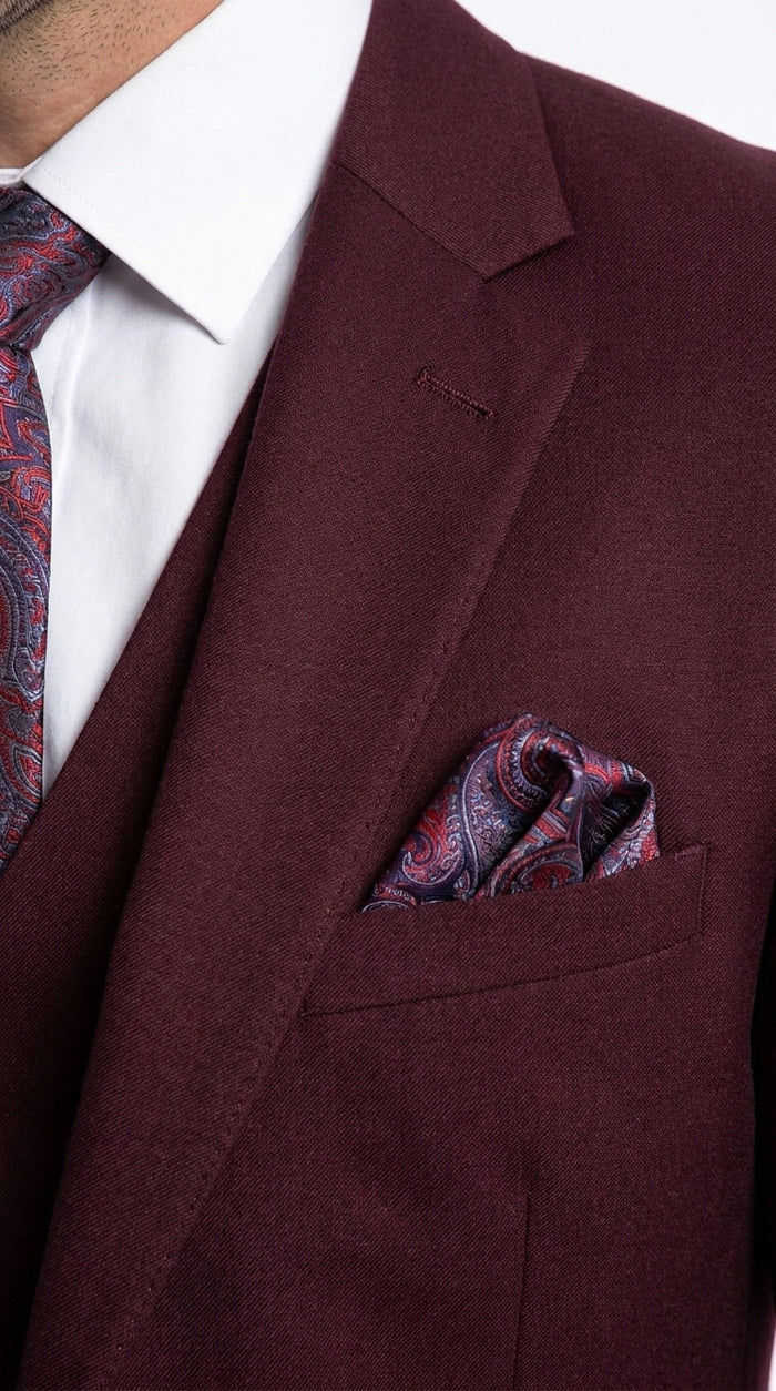 Men’s Burgundy 3-Piece Wool Suit – Regular Fit Wedding, Business and Formal Suit with Pleated Pants