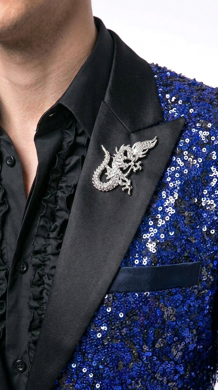 Men’s Royal Blue & Black Sequin Paisley Dinner Jacket – Glitter Sparkly Prom, Wedding and Party Tuxedo Blazer