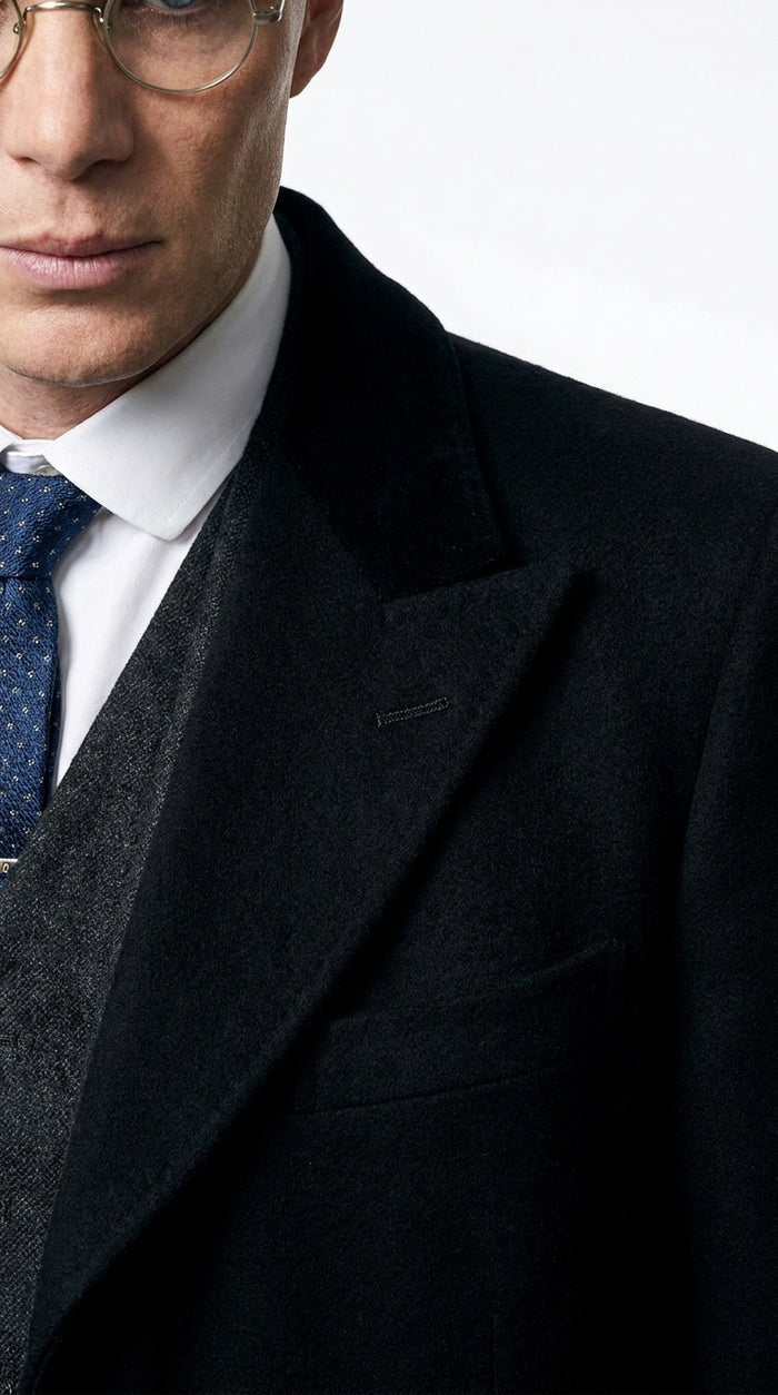Men’s Black Peaky Blinders 3-Piece Suit with Overcoat – Thomas Shelby Inspired 1920s Gangster Outfit