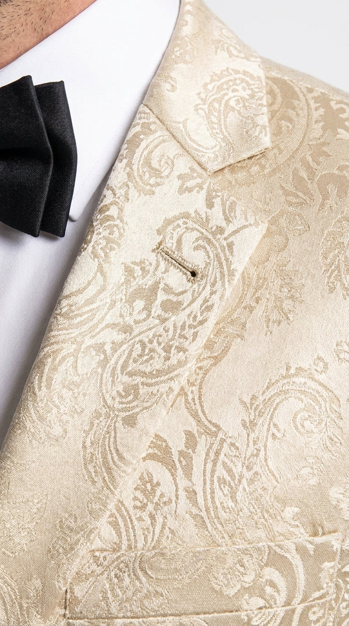 Men’s Champagne Paisley 2 Piece Prom Tuxedo, Formal Wedding Dinner Jacket Suit