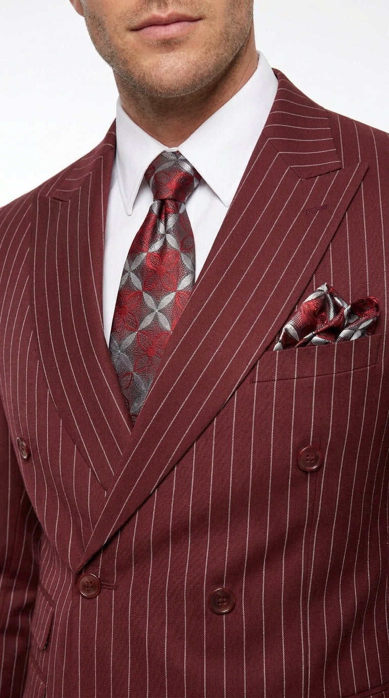 Men’s Maroon Pinstripe Double Breasted Suit, 6 Button Peak Lapel Formal Wedding Business Suit