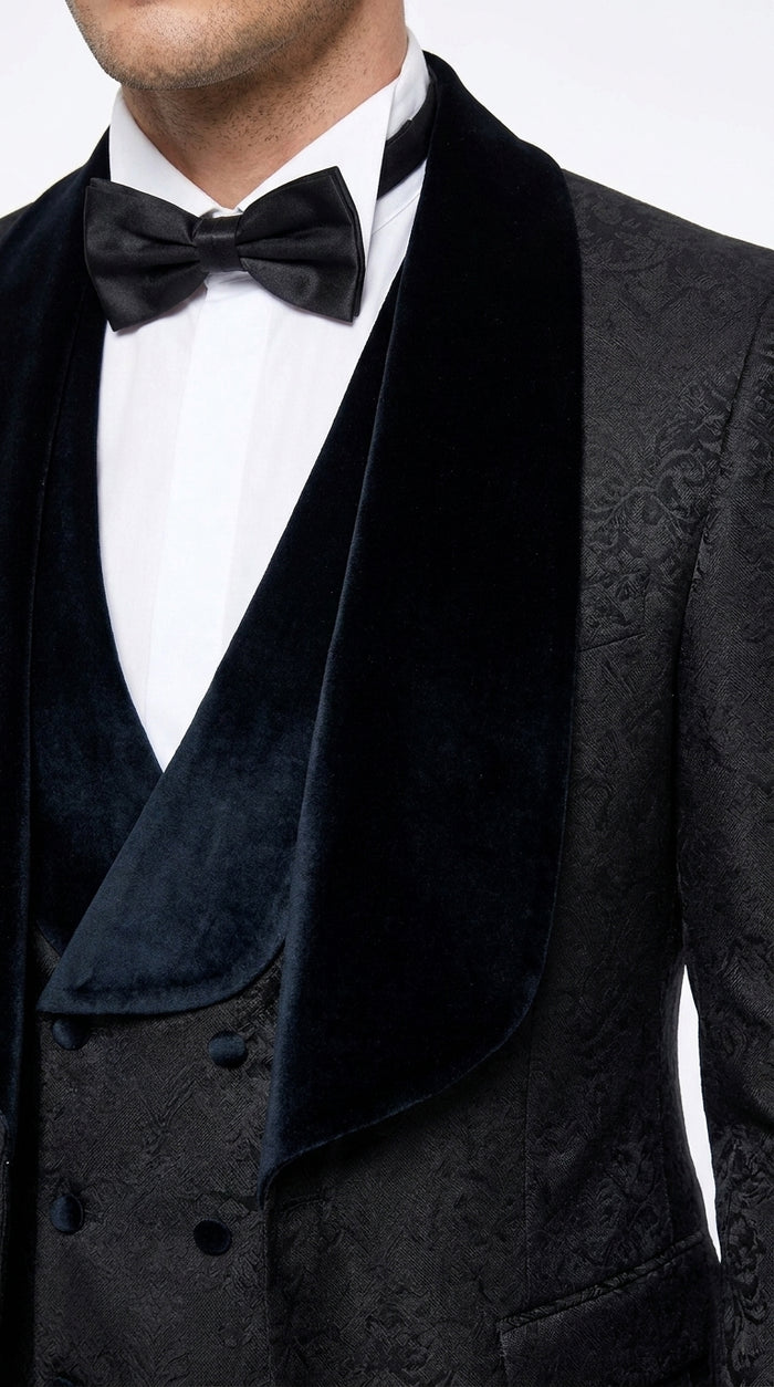 Men’s Black Designer 3-Piece Wedding Tuxedo – Wide Velvet Shawl Lapel Vested Formal Suit