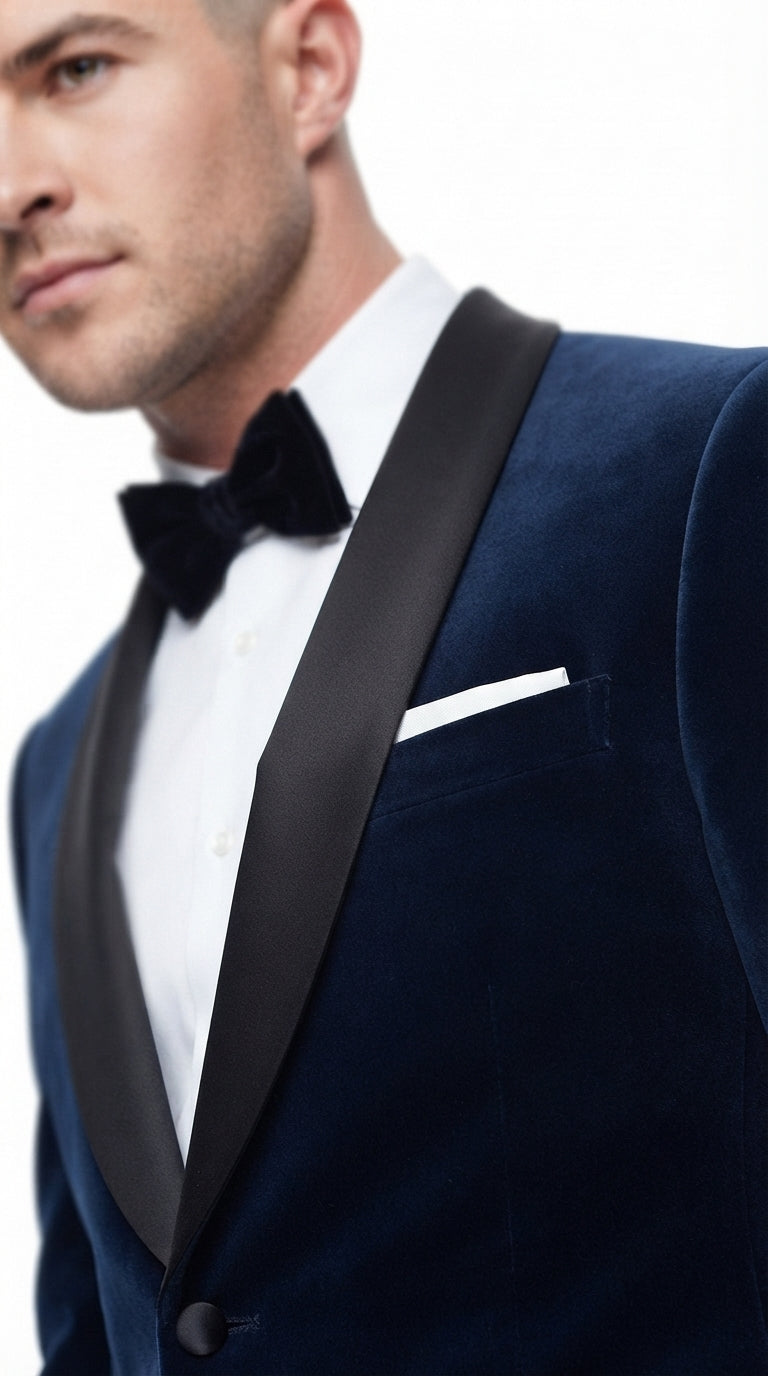 Men’s 007 James Bond Navy Wool Tuxedo – Black Satin Shawl Lapel Wedding and Formal Suit