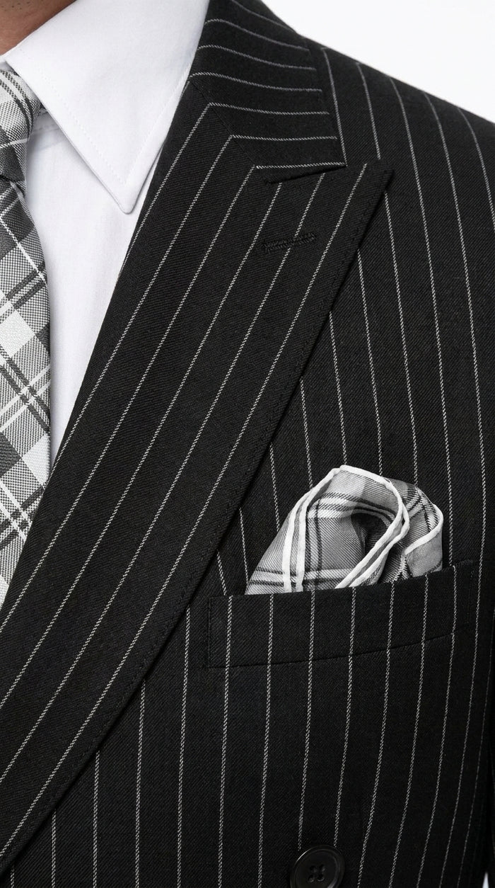 Men’s Black Bold Pinstripe Double-Breasted Wool Suit – Designer Gangster Wedding and Formal Suit