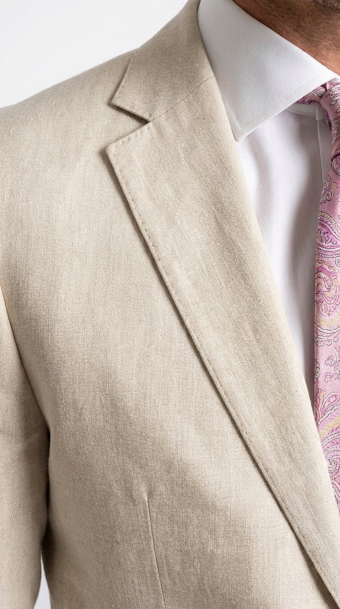 Men’s Natural Linen 2 Piece Suit, Two Button Regular Fit Summer Wedding Dress Suit
