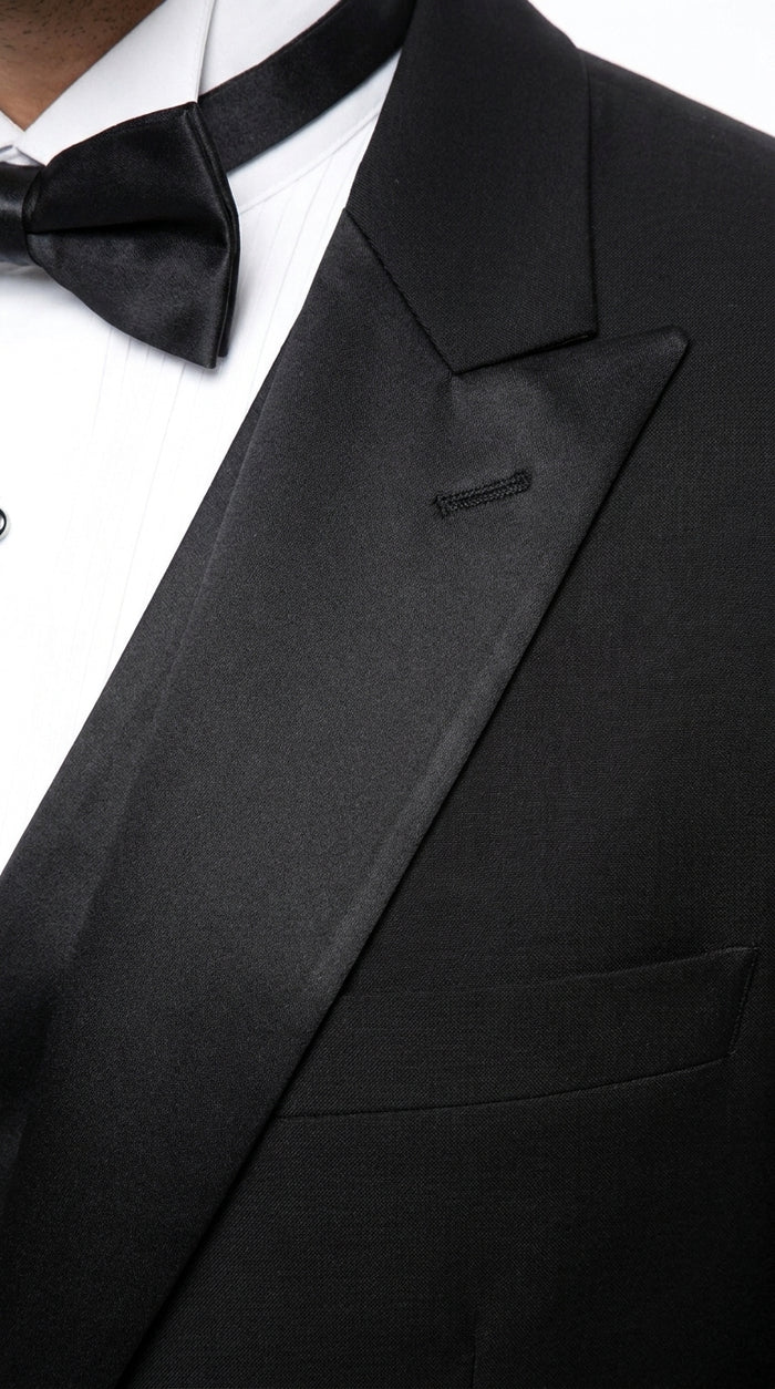 Men’s Black 1 Button Wide Satin Peak Lapel Tuxedo, Classic Formal Wedding Prom Suit
