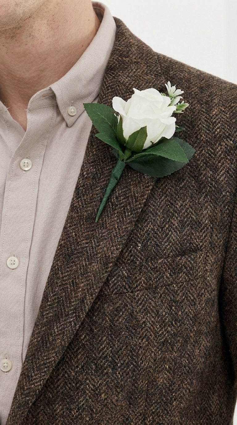 Men’s Dark Brown Tweed Herringbone Blazer, Classic Dress Sport Coat for Wedding and Casual Events