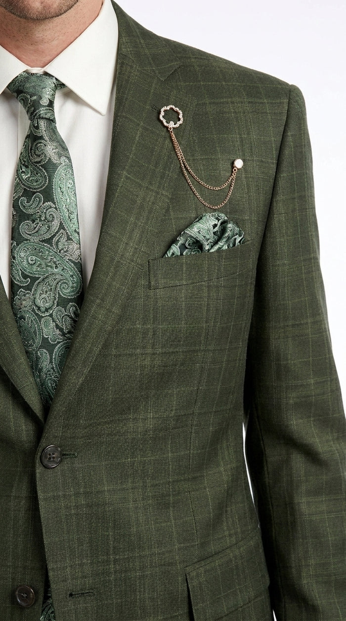 Men’s Olive Green Glen Plaid 3 Piece Suit, Regular Fit Formal Wedding Business Dress Suit