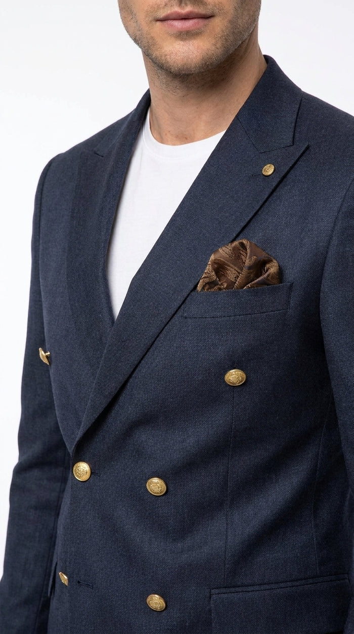 Men’s Navy Blue Double Breasted Wool Blazer with Gold Buttons, Formal Dress Sport Coat