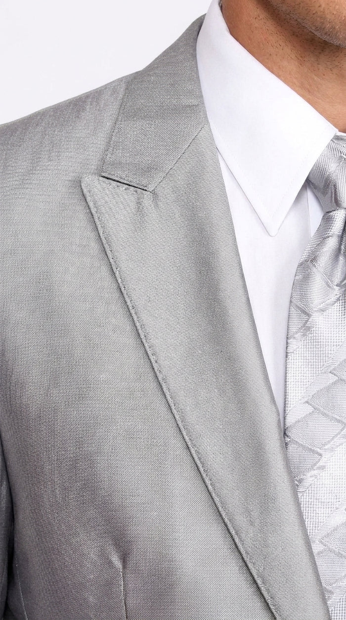 Men’s Silver 2 Button Sharkskin Suit, Shiny Formal Wedding Prom Business Dress Suit