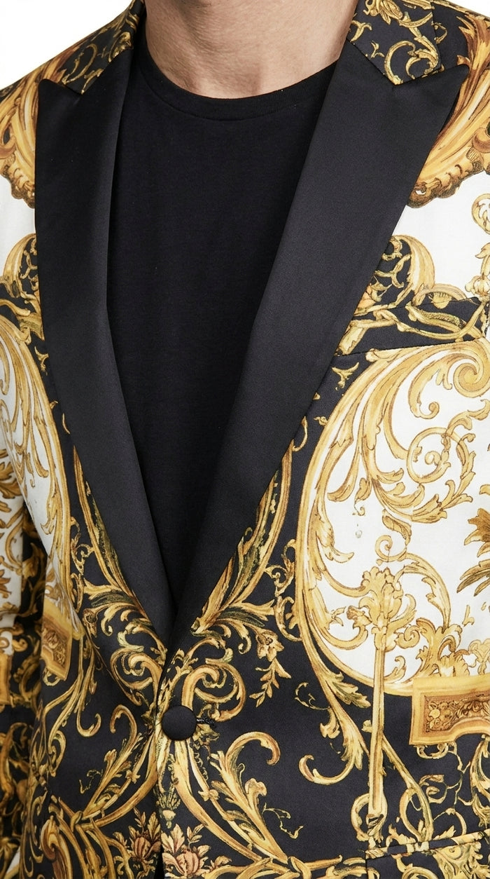Men’s Black and Gold Baroque Blazer, Luxury Pattern Formal Party Sport Coat