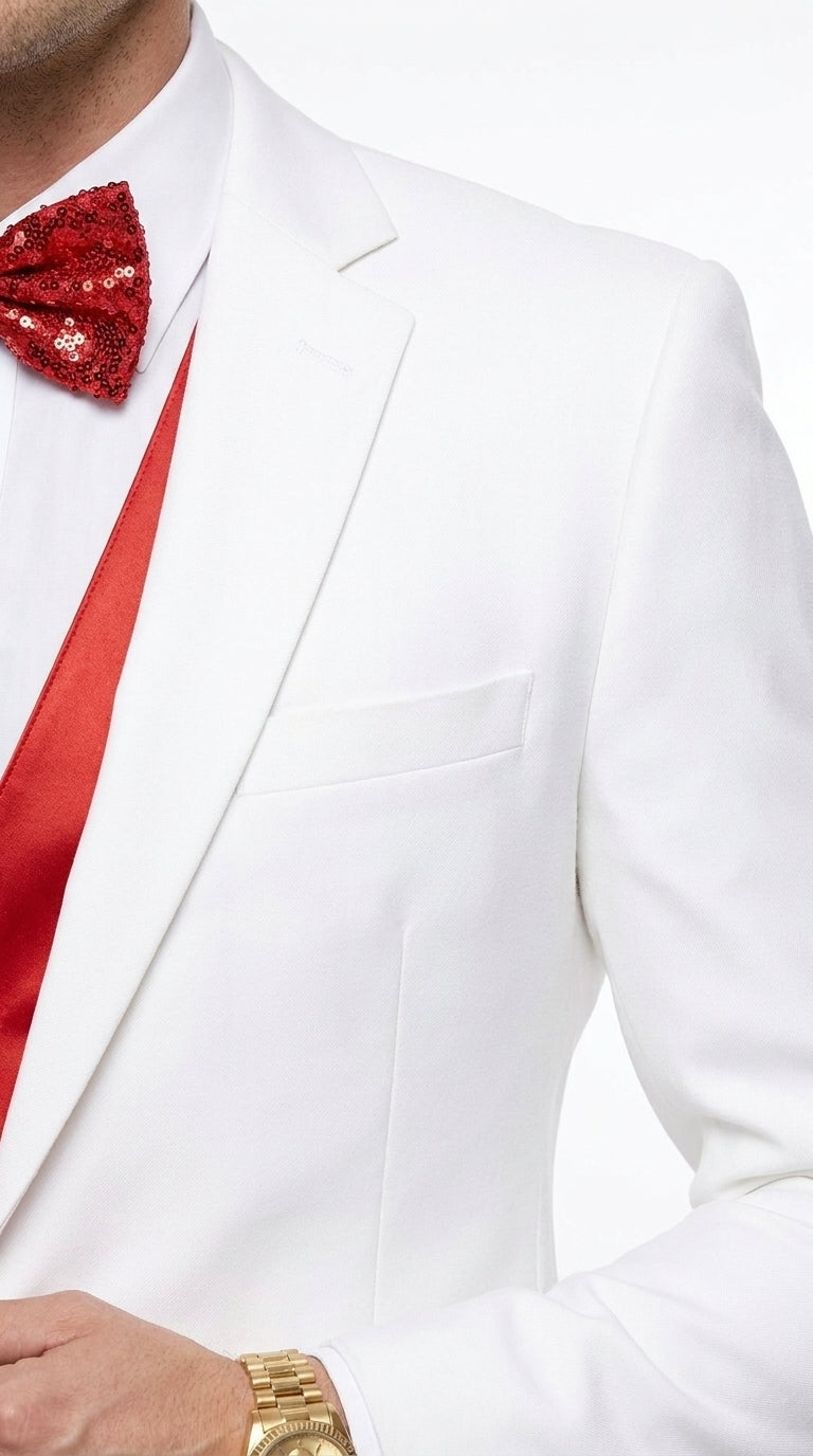 Men’s White and Red Tuxedo Wedding Suit Set, Formal Groom Prom Dinner Suit