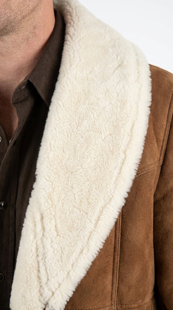 Men’s Long Brown Sheepskin Western Jacket, Cowboy Sherpa Style Ranch Coat