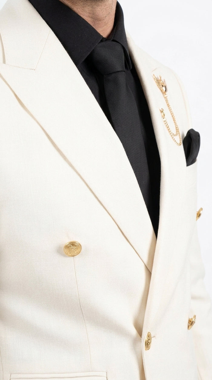 Men’s Ivory Double Breasted Blazer with Gold Buttons, Formal Wedding Prom Sport Coat
