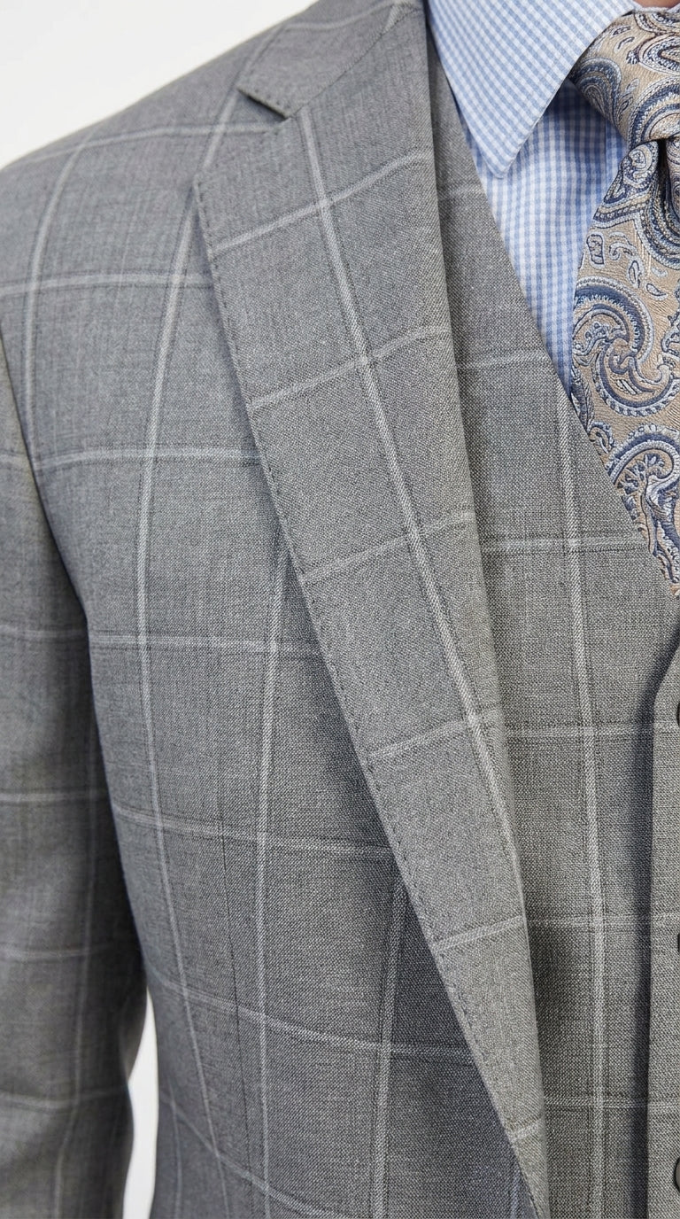 Men’s Light Grey Windowpane Plaid Suit, 1920s Inspired 3 Piece Formal Wedding Dress Suit