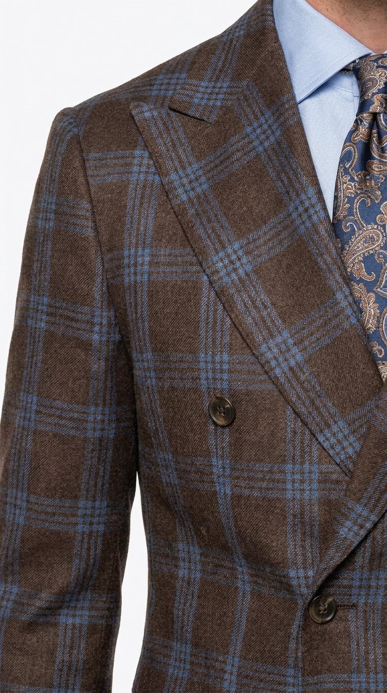 Statement Men’s Brown Plaid Double Breasted Suit, 2 Piece 100% Wool Modern Fit Dress Suit