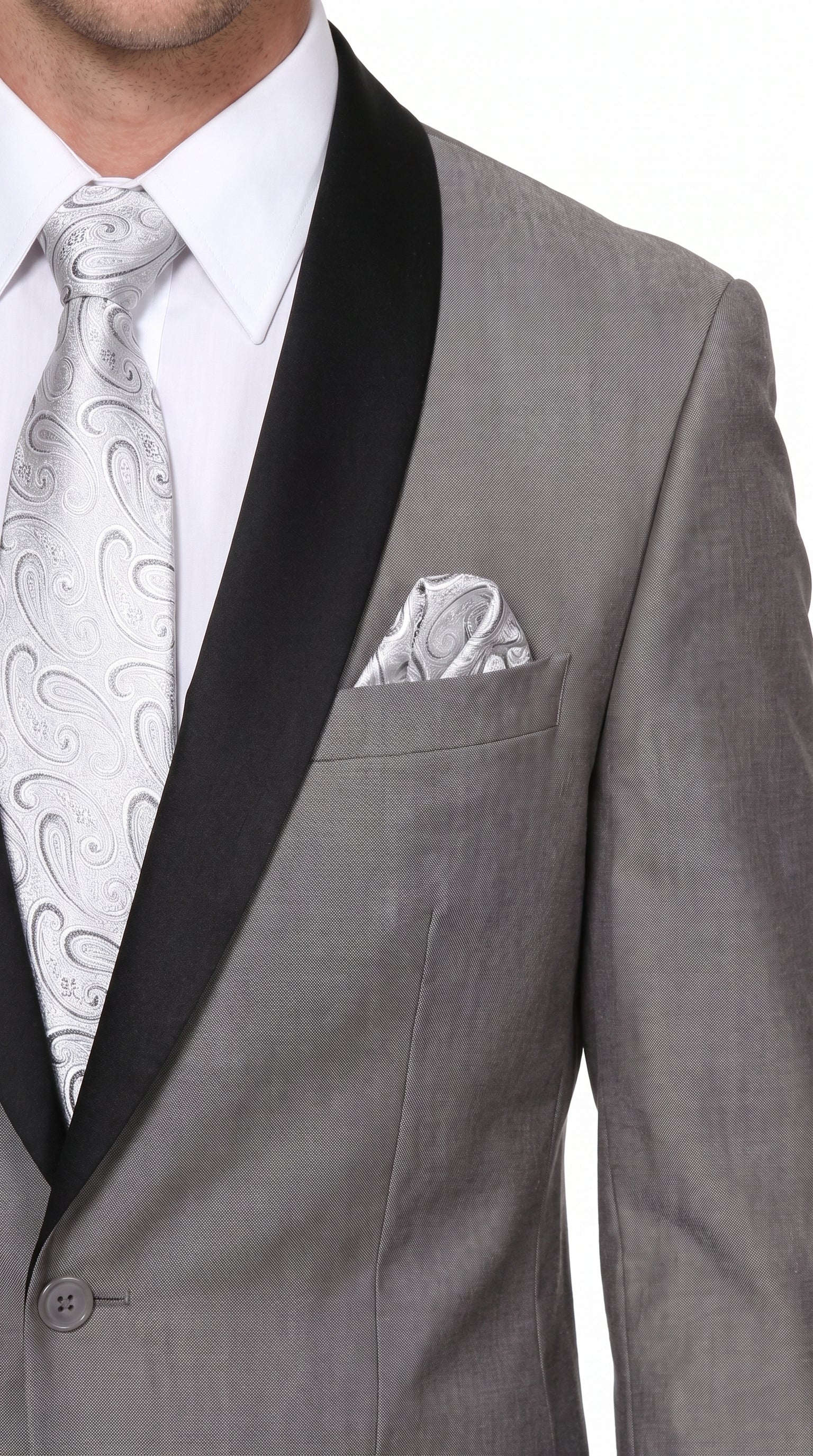Men’s Grey Tuxedo Jacket with Black Shawl Lapel, 1 Button Formal Wedding Prom Blazer