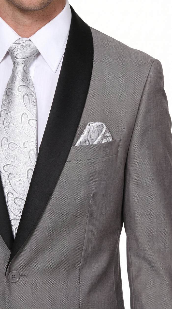 Men’s Grey Tuxedo Jacket with Black Shawl Lapel, 1 Button Formal Wedding Prom Blazer