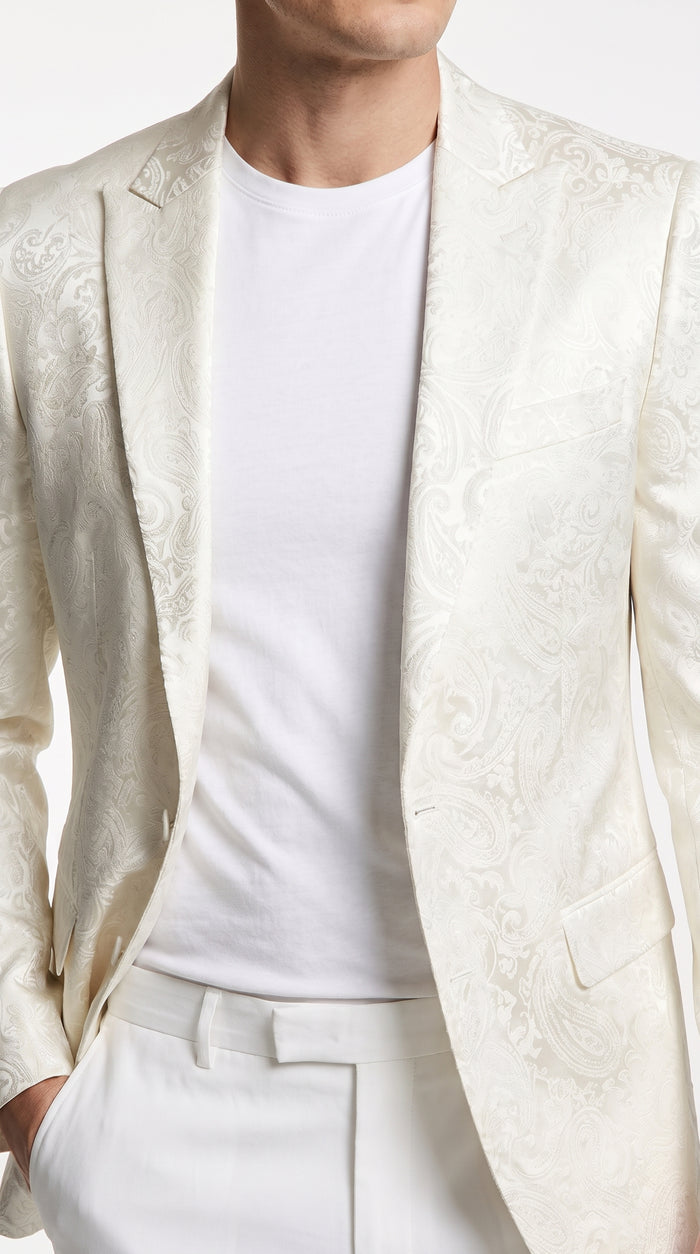Men’s Off White Paisley Pattern Party Blazer, 1 Button Fancy Formal Suit Jacket