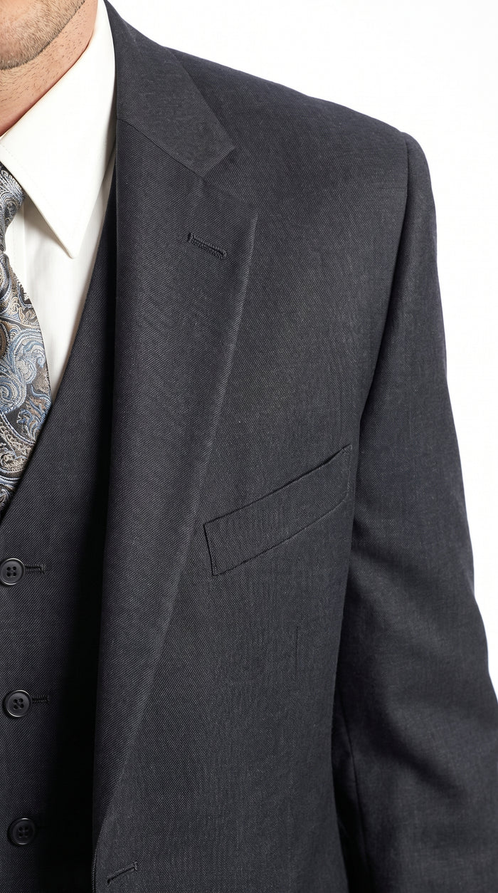 Men’s Charcoal 3 Piece Super 150s Italian Fabric Suit, 2 Button Classic Formal Dress Suit