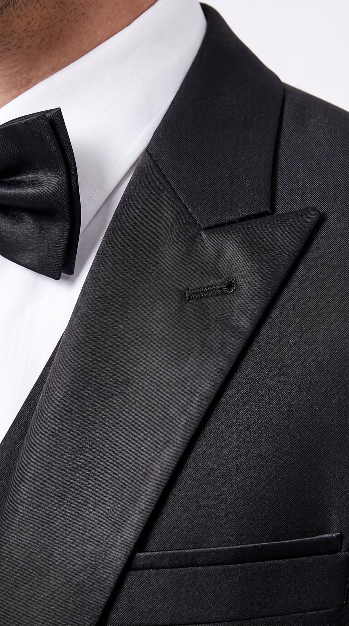 Men’s Black Sharkskin Vested Tuxedo, 1 Button Shawl Lapel Formal Wedding Prom Suit