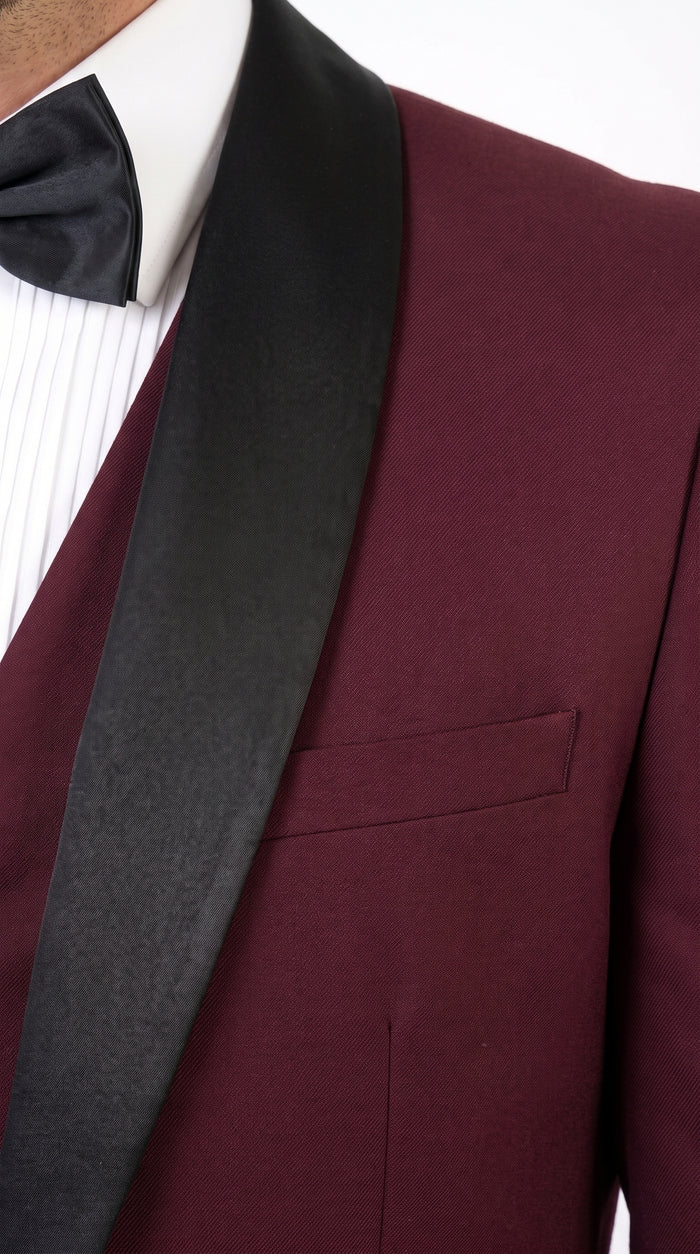 Men’s Burgundy and Black Wool Shawl Lapel Tuxedo Set – Formal Wedding Prom Dinner Suit