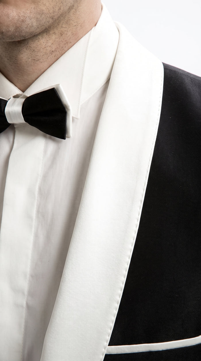 Men’s Black Dinner Jacket with White Shawl Lapel, Single Button Formal Tuxedo Blazer