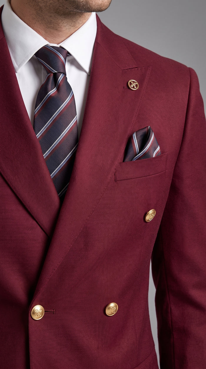 Men’s Burgundy Double Breasted Wool Suit with Gold Buttons, Modern Formal Wedding Business Suit