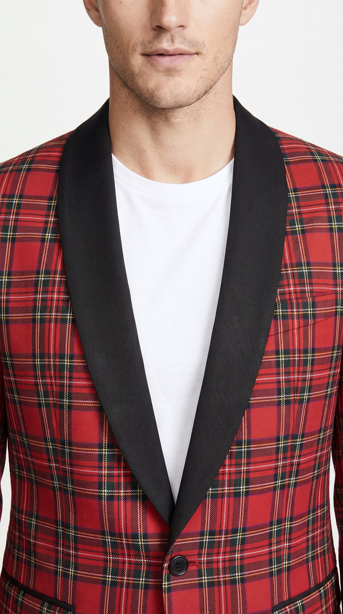 Men’s Red Christmas Plaid Holiday Blazer with Black Shawl Lapel, Formal Party Sport Coat