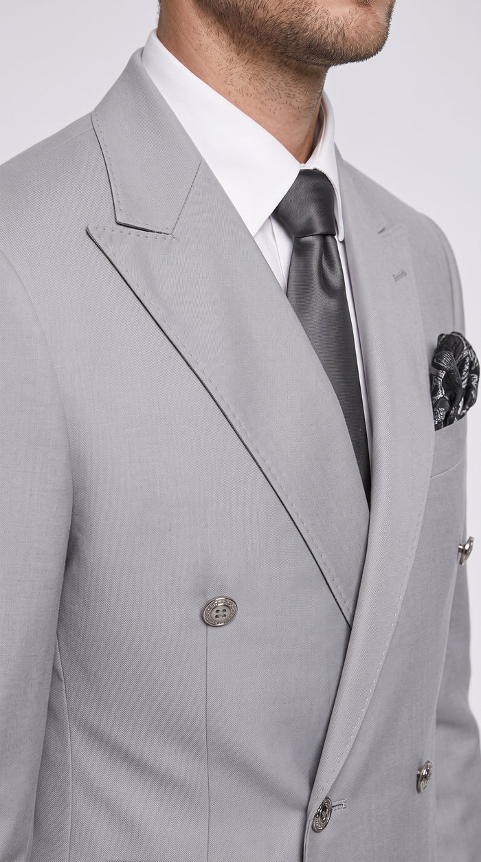 Rossi Man Men’s Silver Double Breasted Suit, Modern Fit Formal Wedding Prom Suit