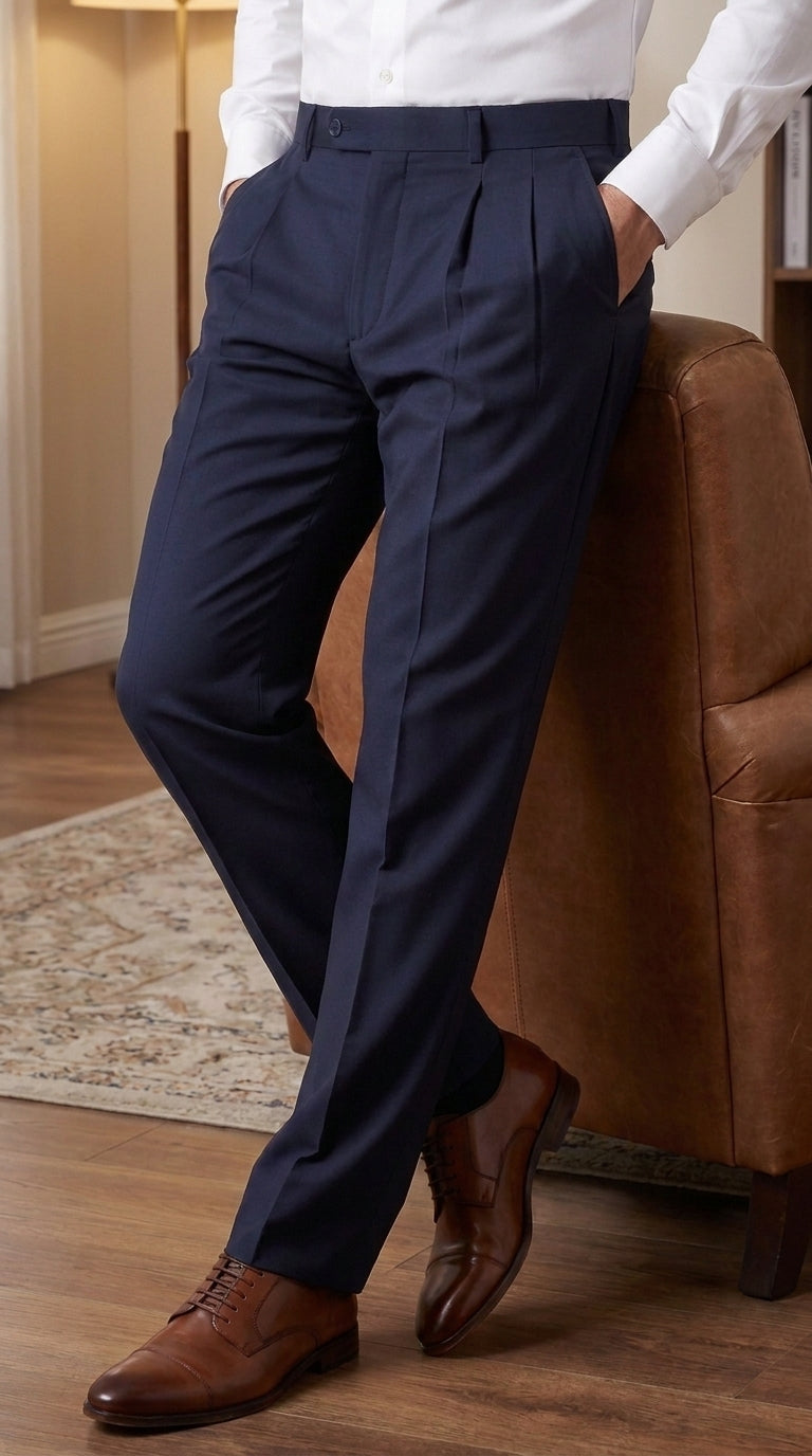 Men’s Navy Double Pleated Dress Pants, Formal Slacks for Business, Church and Special Events