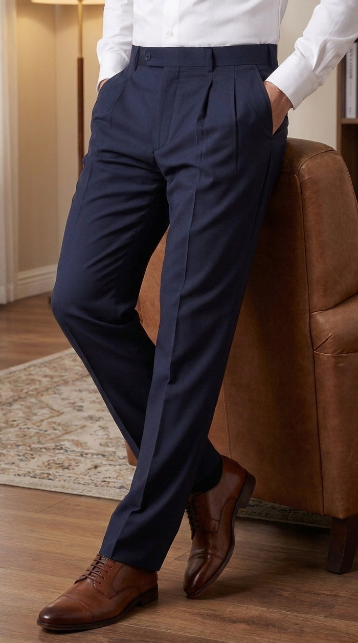 Men’s Navy Double Pleated Dress Pants, Formal Slacks for Business, Church and Special Events