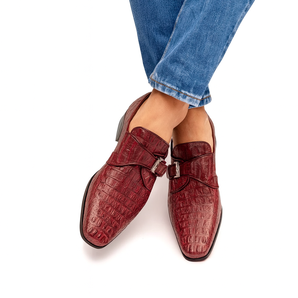 Marco Di Milano Luigi Wine Caiman Monk Strap Shoes