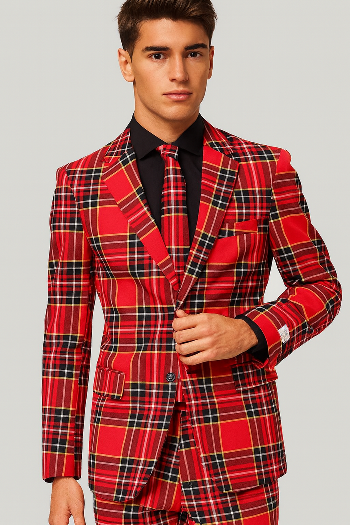 Plaid Christmas Suit - Holiday Red Tartan Style