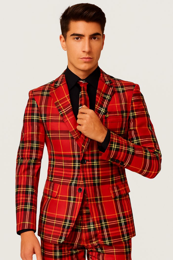 Plaid Christmas Suit - Holiday Red Tartan Style
