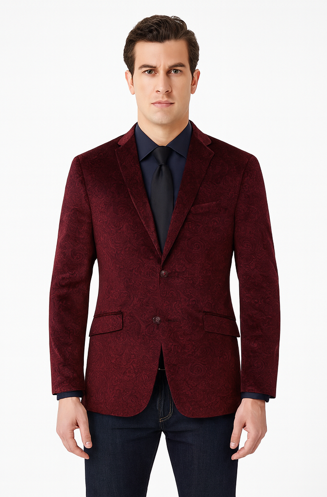 Maroon Velvet Blazer - Paisley Sport Coat - Slim Fit