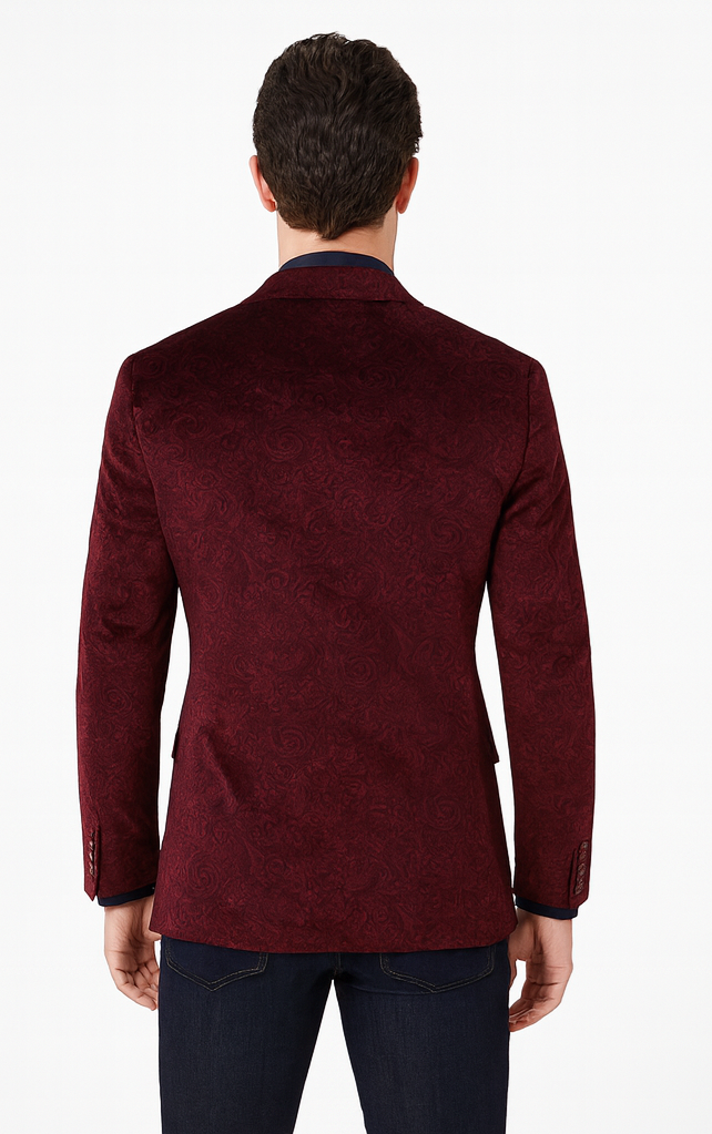 Maroon Velvet Blazer - Paisley Sport Coat - Slim Fit