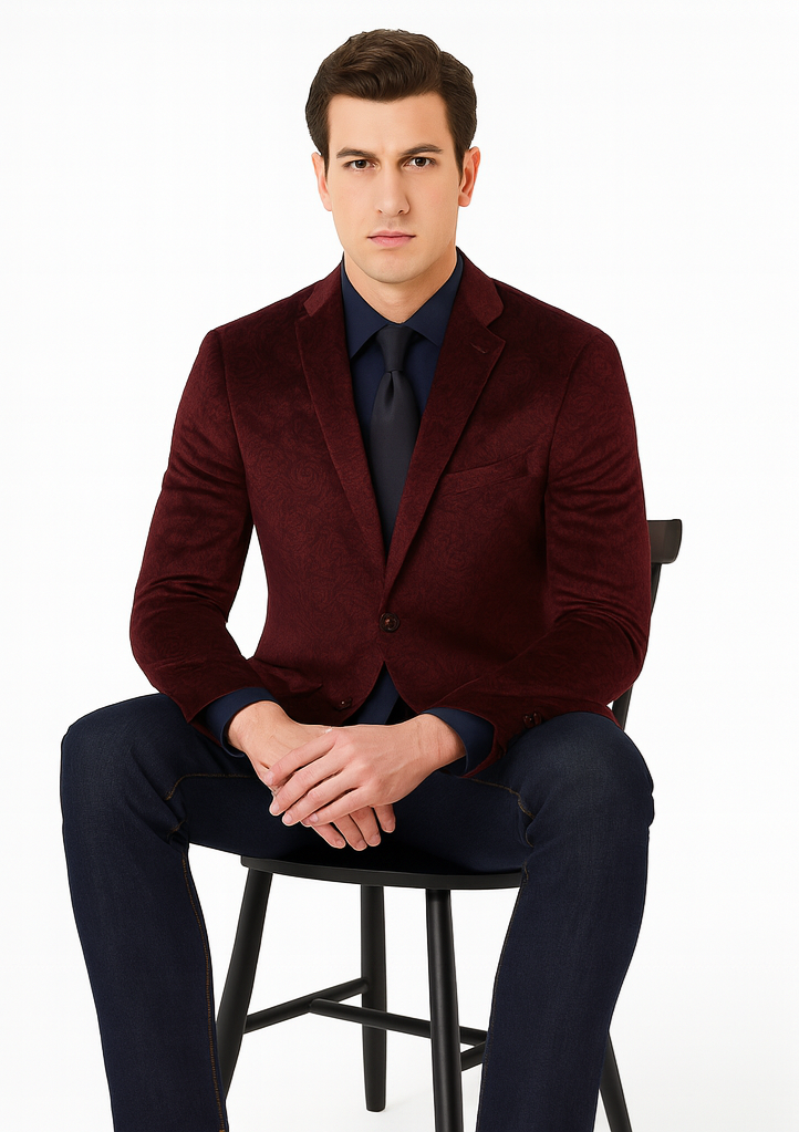 Maroon Velvet Blazer - Paisley Sport Coat - Slim Fit