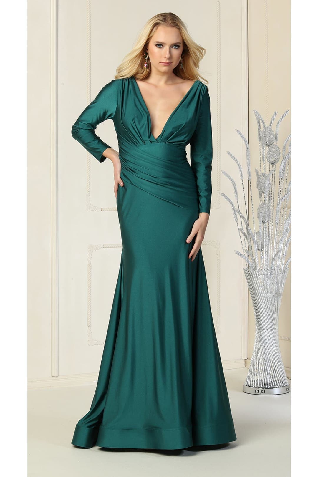Long Sleeve Formal Gown Stretchy Bodycon Mermaid V-Neck Evening Dress